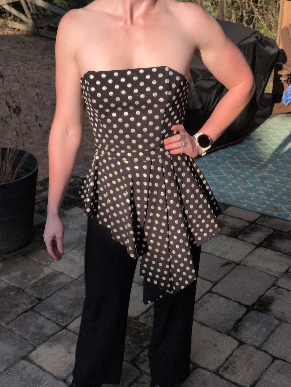 Black Halo Strapless Polka Dot Peplum Jumpsuit